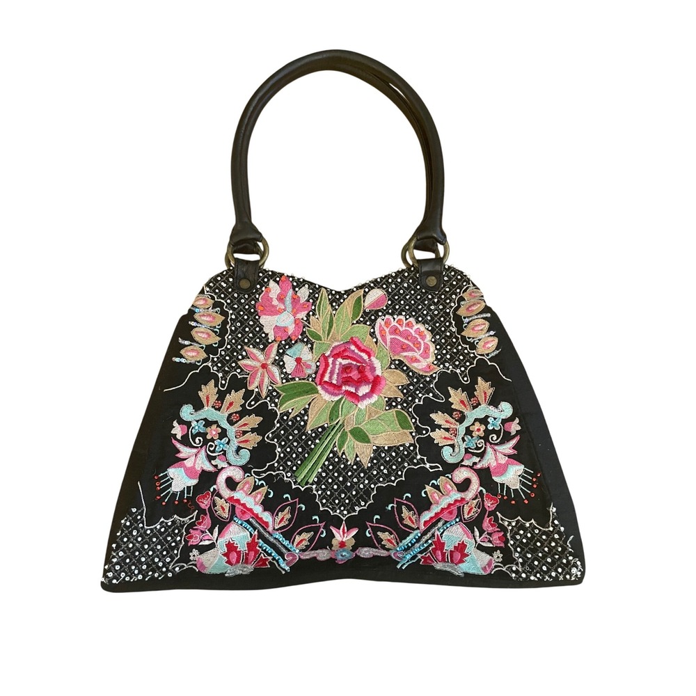 Vintage Bag Canvas Floral Embroidered Beaded Handbag Pink Rose Sequin Boho